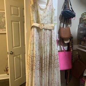 Taylor Cream Floral Midi Dress with Beige Belt